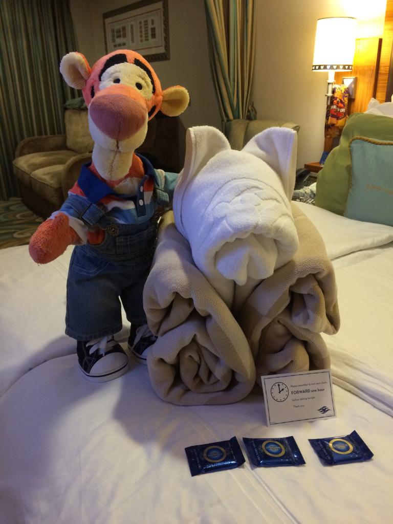 Click to enlarge image Tigger found Towel Pooh!!! Great to see a DEAR OLD FRIEND!!! - Disney Cruise Line Towel Animals - Towel Critters are a nightly treat on all Disney Cruise Vacations