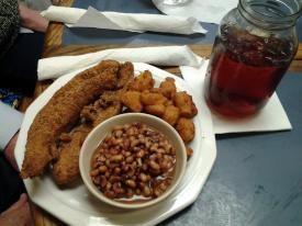 Catfish, corn fritters, purple hull peas and ice tea. Catfish, corn fritters, purple hull peas and ice tea. - Momma Dean`s Soul Food Kitchen - South 71B, Fayetteville, Arkansas