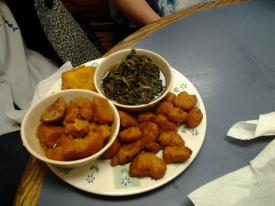 One of Tigger`s table mates settled for three sides for her meal. Yams, greens and corn fritters... yeah, the corn fritters were great!! One of Tigger`s table mates settled for three sides for her meal. Yams, greens and corn fritters... yeah, the corn fritters were great!! - Momma Dean`s Soul Food Kitchen - South 71B, Fayetteville, Arkansas