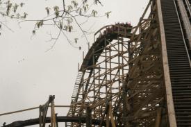 Cresting the high point before the 162 foot drop. Cresting the high point before the 162 foot drop. - Silver Dollar City - Outlaw Run - A New Roller Coaster that is as Exciting as it Seems!