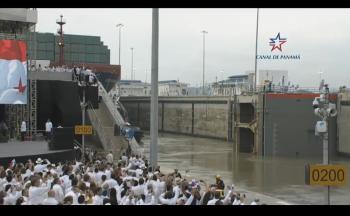 Click to enlarge image Cosco Shipping Panama passes from the first, upper level to the second level of the NEW Cocoli Locks of the expanded Panama Canal.. the first largest ship to pass through the new locks! — at Panama Canal. - Panama Canal Expansion Inauguration - June 26, 2016