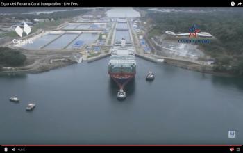 Click to enlarge image Cosco Shipping Panama departing the Atlantic side expanded docks early in the day, the Agua Clara Locks prove themselves on the very first passage! — at Panama Canal. - Panama Canal Expansion Inauguration - June 26, 2016