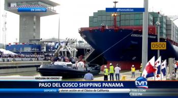 Click to enlarge image Cosco Shipping Panama passes from the first, upper level to the second level of the NEW Cocoli Locks of the expanded Panama Canal.. the first largest ship to pass through the new locks! — at Panama Canal. - Panama Canal Expansion Inauguration - June 26, 2016