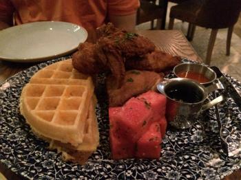 Chicken n Watermellon n Waffles. Honey hot sauce, chilled spiced watermelon, vermont sharp cheddar cheese waffle and bourbon maple syrup Chicken n Watermellon n Waffles. Honey hot sauce, chilled spiced watermelon, vermont sharp cheddar cheese waffle and bourbon maple syrup - Tigger found the best Fried Chicken in Las Vegas - Yardbird Southern Table & Bar at the Venetian Resort and Casino