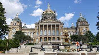 Click to enlarge image Tigger admires the Iowa State Capitol from the Bicentennial Fountain - Iowa State Capitol building and the Largest Gold Dome of ALL US State Capitols - Everyone should visit this beautiful five-domed building worthy of housing the Governor of Iowa in Des Moines