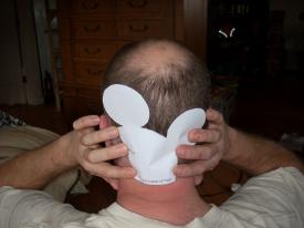 Sizing it up at home before we leave. I had to make sure it was not so big it went into my bare spot. Sizing it up at home before we leave. I had to make sure it was not so big it went into my bare spot. - Mickey Mouse Haircut on the Mickey Mouse ship -