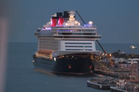 Click to enlarge image There she is, 14 decks of fun and excitment - The New Disney Dream Arrives in Port Canaveral - Panama Cruise January 2011 - Last Trans-canal trip planned for the Disney Wonder at this time.