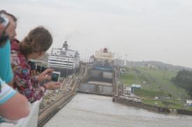 Here, you can see the cars going across the base of the lock gate on a draw bridge Here, you can see the cars going across the base of the lock gate on a draw bridge - The Gatun Locks and the Panama Canal Crossing! Part 2 - Panama Cruise January 2011 - Last Trans-canal trip planned for the Disney Wonder at this time.