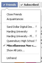 Figure 1. Hover over the Friends button (NOT click) and you will see the names of your Lists. The Lists that have lightening bolts after them are Facebook groups. You are interested in the ones that do not have the little lightening bolt after them. Figure 1. Hover over the Friends button (NOT click) and you will see the names of your Lists. The Lists that have lightening bolts after them are Facebook groups. You are interested in the ones that do not have the little lightening bolt after them. - Security on Facebook - Friends Lists and How to Use Them - How To Set Your Security Settings So Selected Friends Cannot See All Your Posts.